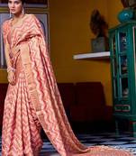 orange chevron print zari golden border silk blend saree with unstiched blouse piece