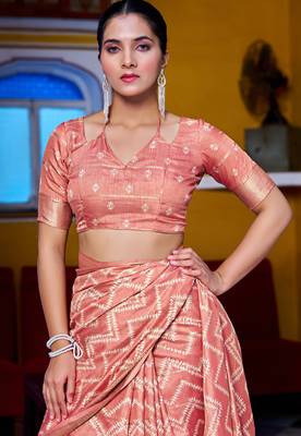 taupe chevron print zari golden border silk blend saree with unstiched blouse piece 5