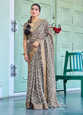 taupe chevron print zari golden border silk blend saree with unstiched blouse piece 1
