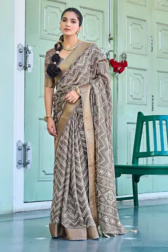 taupe chevron print zari golden border silk blend saree with unstiched blouse piece