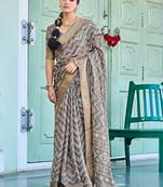 taupe chevron print zari golden border silk blend saree with unstiched blouse piece