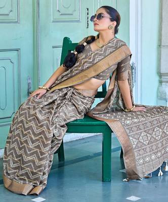 taupe chevron print zari golden border silk blend saree with unstiched blouse piece 2