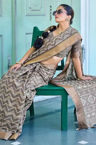 taupe chevron print zari golden border silk blend saree with unstiched blouse piece