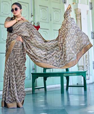 taupe chevron print zari golden border silk blend saree with unstiched blouse piece 3