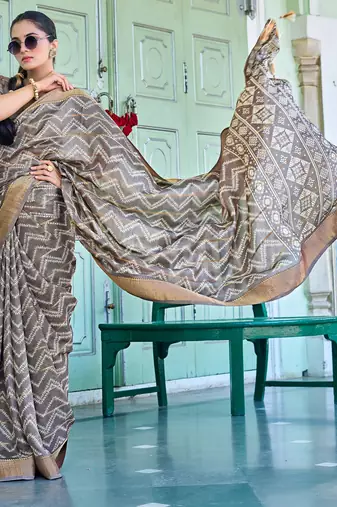 taupe chevron print zari golden border silk blend saree with unstiched blouse piece