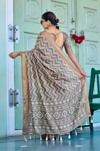 taupe chevron print zari golden border silk blend saree with unstiched blouse piece