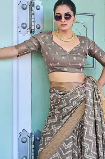 taupe chevron print zari golden border silk blend saree with unstiched blouse piece