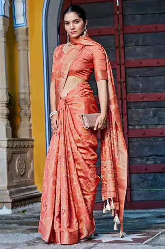 orange bandhani block print zari golden border silk blend saree with unstiched blouse piece