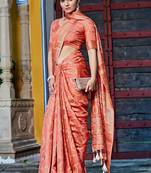 orange bandhani block print zari golden border silk blend saree with unstiched blouse piece