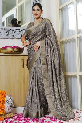 taupe bandhani block print zari golden border silk blend saree with unstiched blouse piece 1