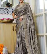 taupe bandhani block print zari golden border silk blend saree with unstiched blouse piece