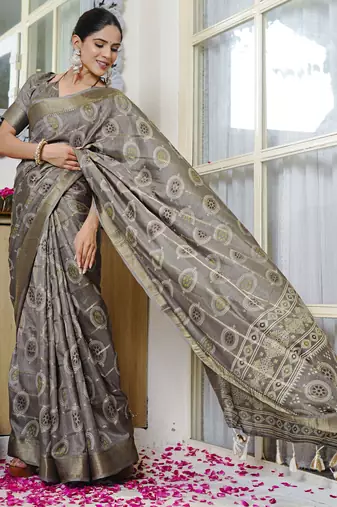 taupe bandhani block print zari golden border silk blend saree with unstiched blouse piece