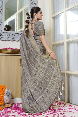 taupe bandhani block print zari golden border silk blend saree with unstiched blouse piece 3