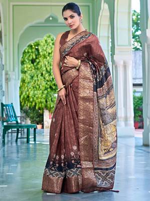 grey ajrakh block print zari golden border silk blend saree with unstiched blouse piece 1