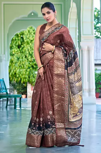 maroon floral kalamkari print zari golden border silk blend saree with unstiched blouse piece