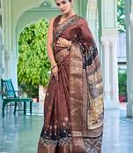 maroon floral kalamkari print zari golden border silk blend saree with unstiched blouse piece