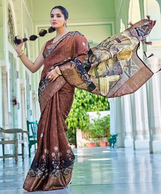 grey ajrakh block print zari golden border silk blend saree with unstiched blouse piece 2