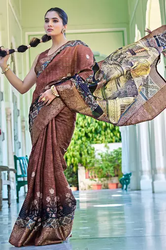 grey ajrakh block print zari golden border silk blend saree with unstiched blouse piece