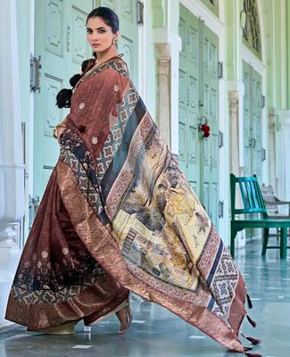grey ajrakh block print zari golden border silk blend saree with unstiched blouse piece 3