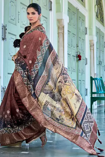 grey ajrakh block print zari golden border silk blend saree with unstiched blouse piece