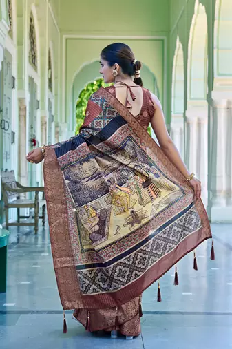 grey ajrakh block print zari golden border silk blend saree with unstiched blouse piece