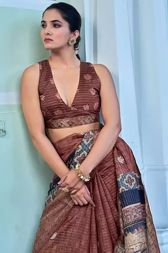 grey ajrakh block print zari golden border silk blend saree with unstiched blouse piece