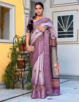 lavender ajrakh print zari golden border silk blend saree with unstiched blouse piece 1