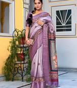 lavender ajrakh print zari golden border silk blend saree with unstiched blouse piece