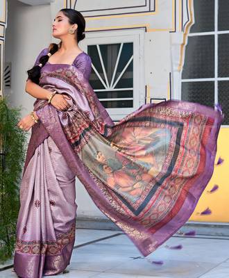 lavender ajrakh print zari golden border silk blend saree with unstiched blouse piece 2
