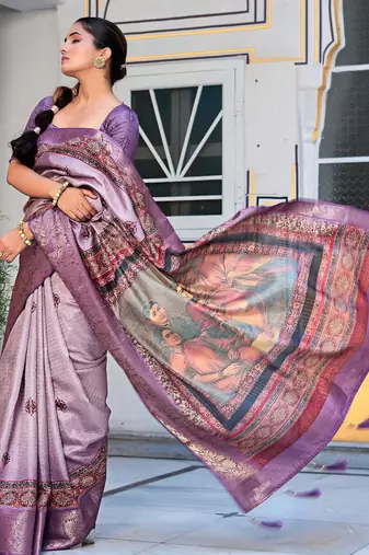 lavender ajrakh print zari golden border silk blend saree with unstiched blouse piece