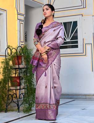 lavender ajrakh print zari golden border silk blend saree with unstiched blouse piece 3