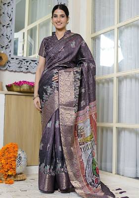 purple paisley block print zari golden border silk blend saree with unstiched blouse piece 1