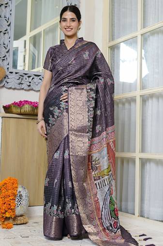 purple paisley block print zari golden border silk blend saree with unstiched blouse piece