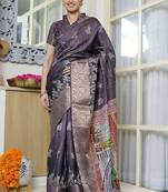 purple paisley block print zari golden border silk blend saree with unstiched blouse piece