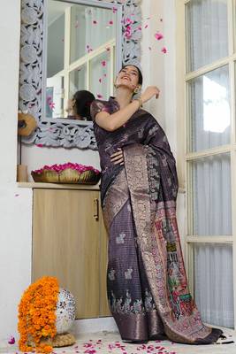purple paisley block print zari golden border silk blend saree with unstiched blouse piece 2