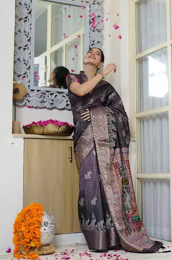 purple paisley block print zari golden border silk blend saree with unstiched blouse piece