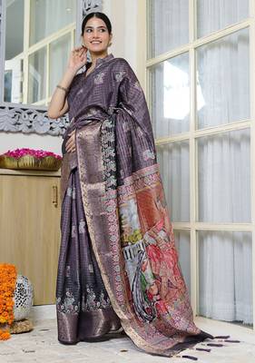 purple paisley block print zari golden border silk blend saree with unstiched blouse piece 3