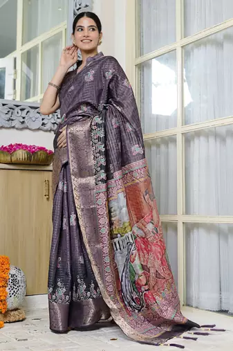 purple paisley block print zari golden border silk blend saree with unstiched blouse piece
