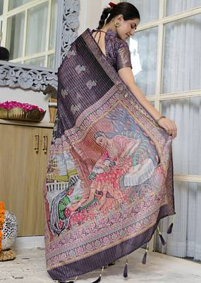 purple paisley block print zari golden border silk blend saree with unstiched blouse piece 4