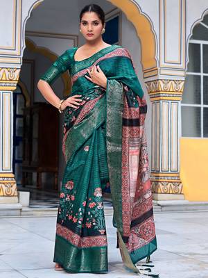 teal floral kalamkari print zari golden border silk blend saree with unstiched blouse piece 1