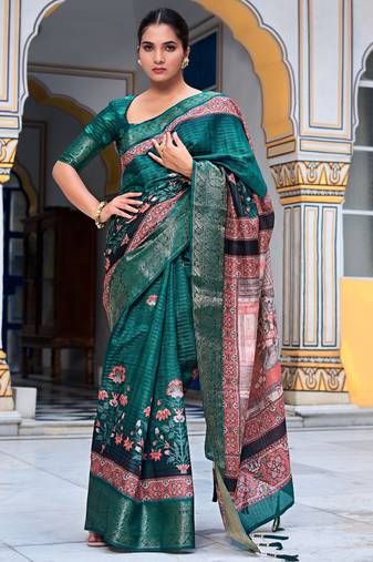 teal floral kalamkari print zari golden border silk blend saree with unstiched blouse piece