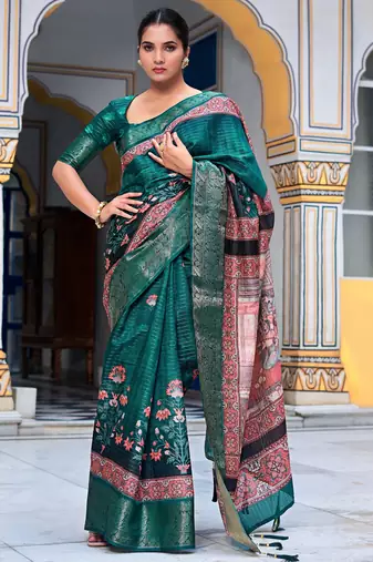 teal floral kalamkari print zari golden border silk blend saree with unstiched blouse piece