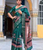 teal floral kalamkari print zari golden border silk blend saree with unstiched blouse piece