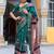 teal floral kalamkari print zari golden border silk blend saree with unstiched blouse piece
