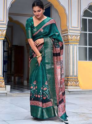 teal floral kalamkari print zari golden border silk blend saree with unstiched blouse piece 2
