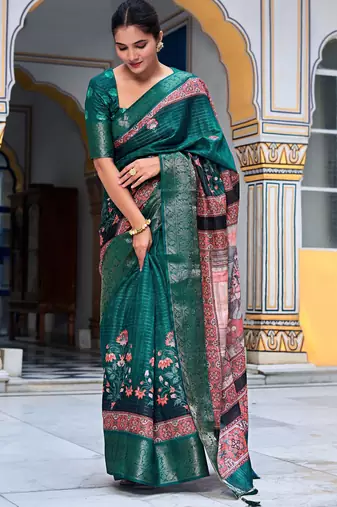 teal floral kalamkari print zari golden border silk blend saree with unstiched blouse piece