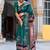 teal floral kalamkari print zari golden border silk blend saree with unstiched blouse piece
