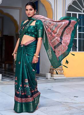 teal floral kalamkari print zari golden border silk blend saree with unstiched blouse piece 3