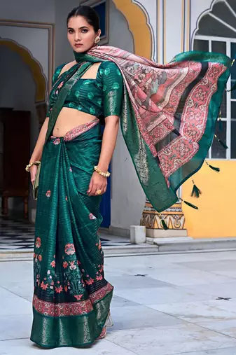 teal floral kalamkari print zari golden border silk blend saree with unstiched blouse piece