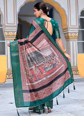 teal floral kalamkari print zari golden border silk blend saree with unstiched blouse piece 4